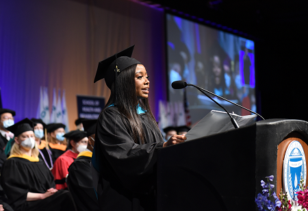 Ashley Victor, SLP '22, delivers the keynote address.
