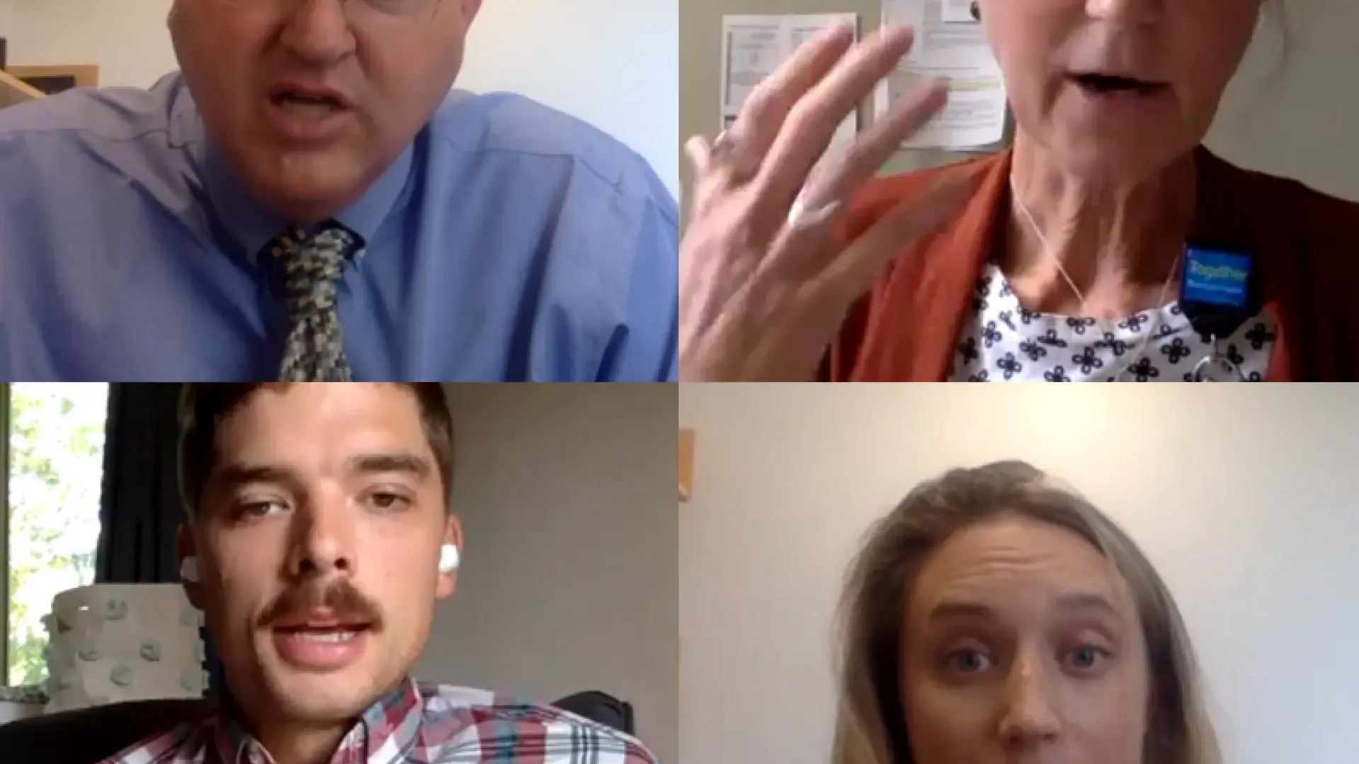 Collage Schwartz Rounds panelists (clockwise from top left) Lanckton, Rossmassler, Meekins, and Long