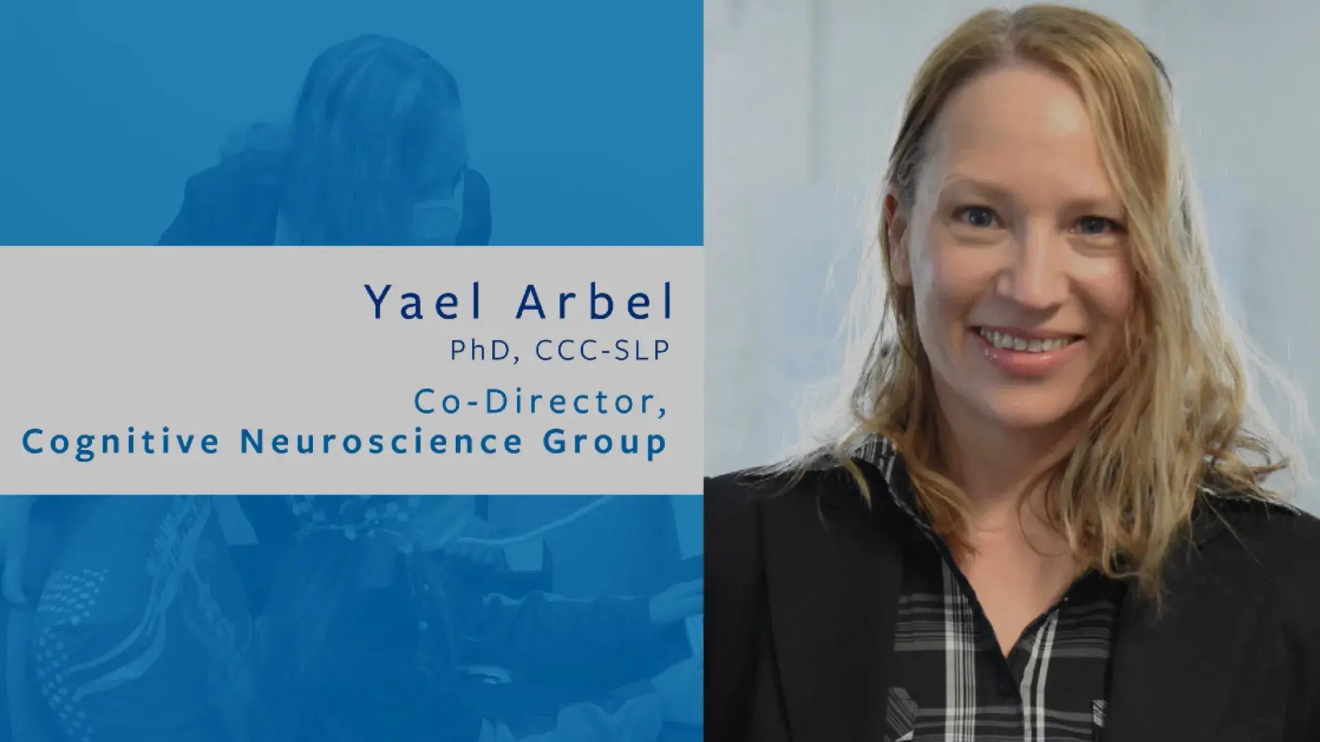 Video Still of CNG Co-Director Yael Arbel smiling, her credentials displayed next to her image 