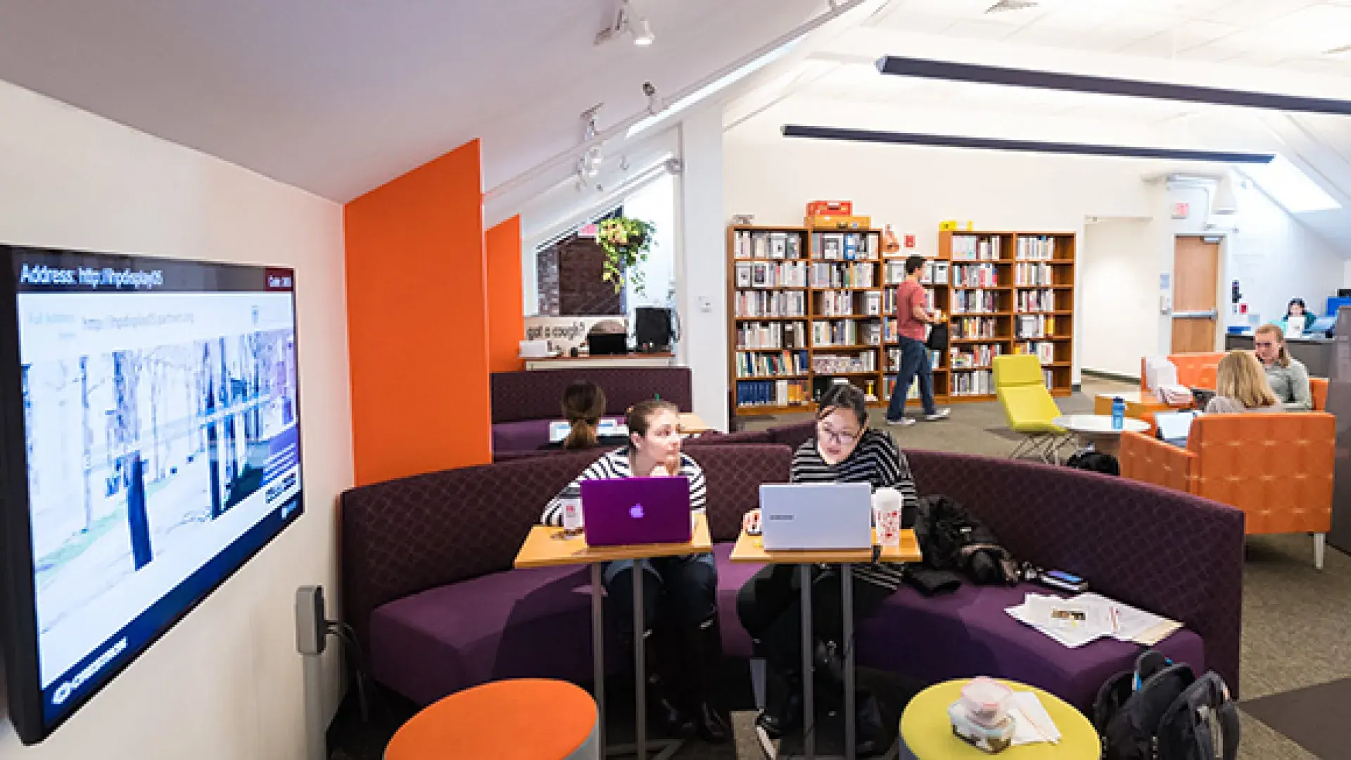 two women sit on a purple couch looking at laptops with a tall bookshelf in the background