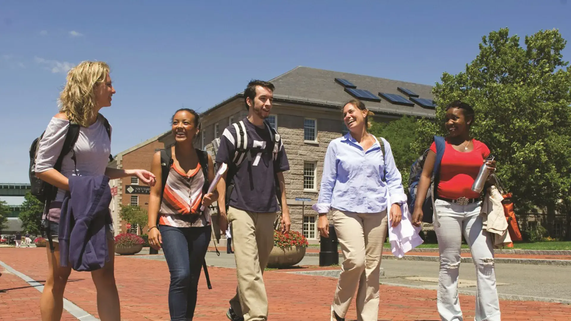 mix of students walk on a brick path