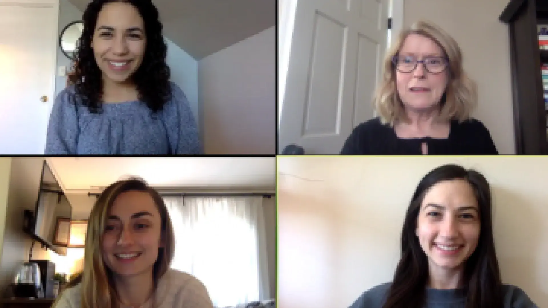 Top left: Sarah Bekele; Top right: Sheila Swales; Lower left: Paige Craven; Lower right: Samantha Deglaoui during a Zoom discussion of clients.