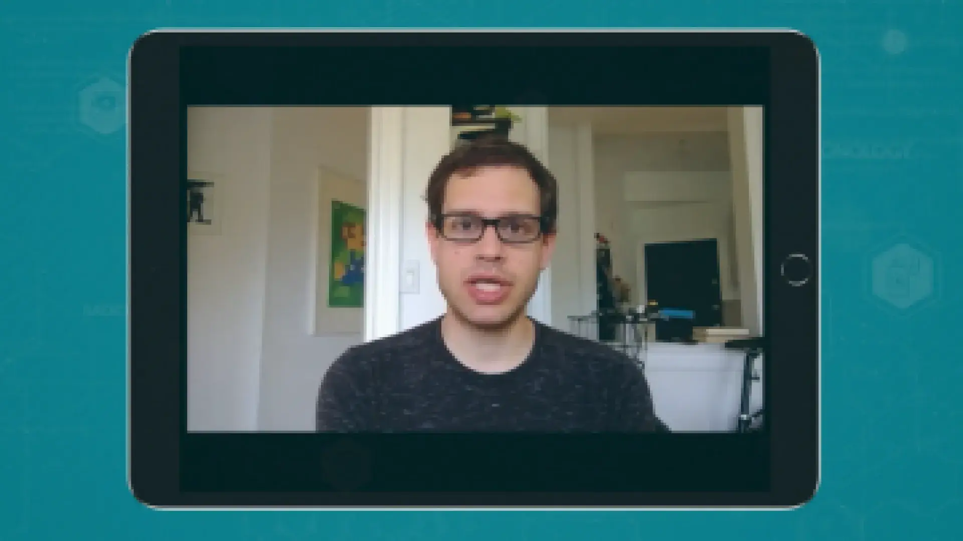 NP student inside of an iPad screen, teal background.