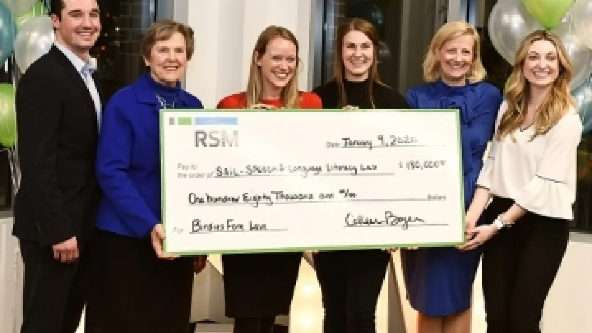 L-R: Patrick O'Neill of RSM, IHP President Paula Milone-Nuzzo, SLP students Elise Hopkins Gallegos & Alexandra Hanson, IHP Chief Development Officer Clare McCully, and Erinn Johnson of RSM.