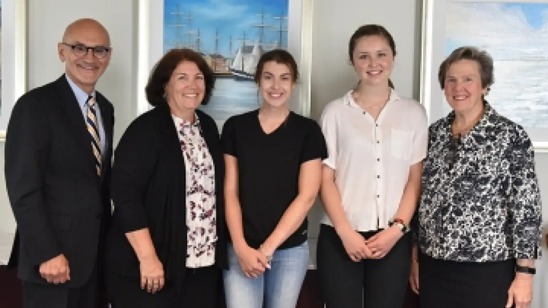 (L-R) David Storto, President of Partners Continuing Care and Spaulding Rehabilitation Network; Jean Bernhardt, Director, MGH Charlestown Health Care Center; scholarship recipients Kiley Doris & Emily Ringrose; Paula Milone-Nuzzo, President, MGH Institute