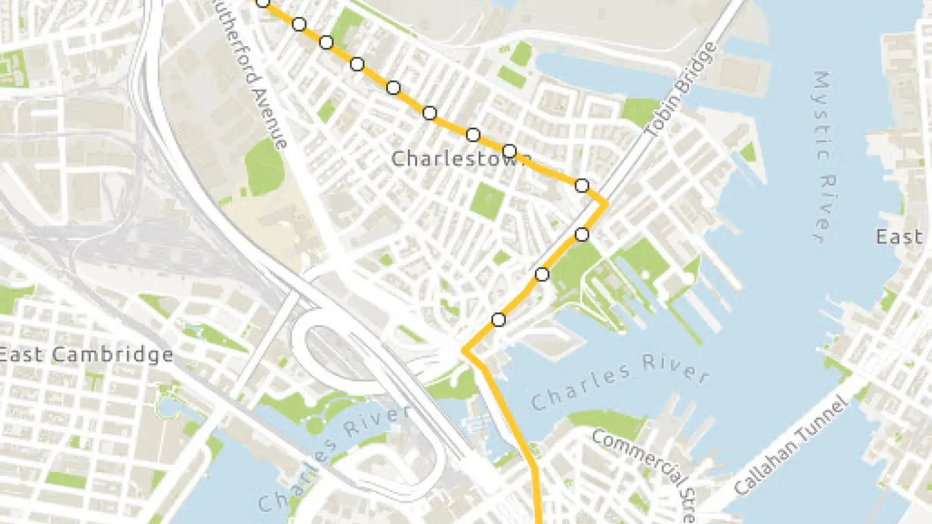yellow line with circles for stops runs through map of charlestown