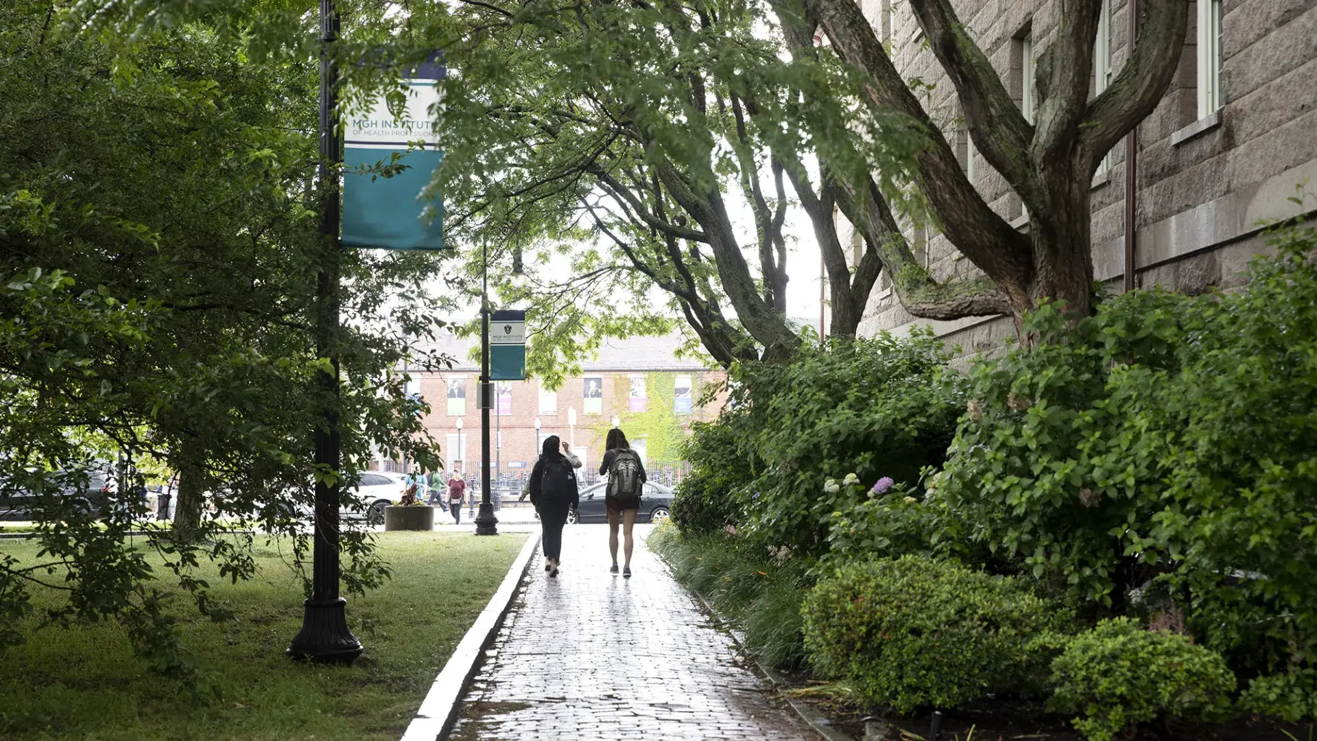 students walk on a brick path wet from rain with green foliage all around