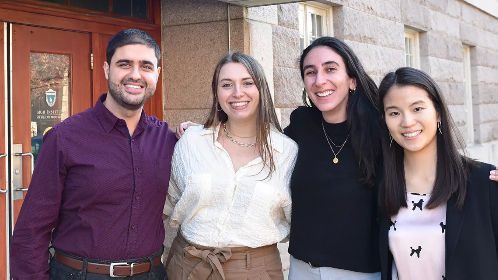 Photo of Genetic Counseling students (l-r) Amin Zarkesh, Abigail Sveden, Gwen Muscato, and Pei- Chen (Emily) Hsieh.
