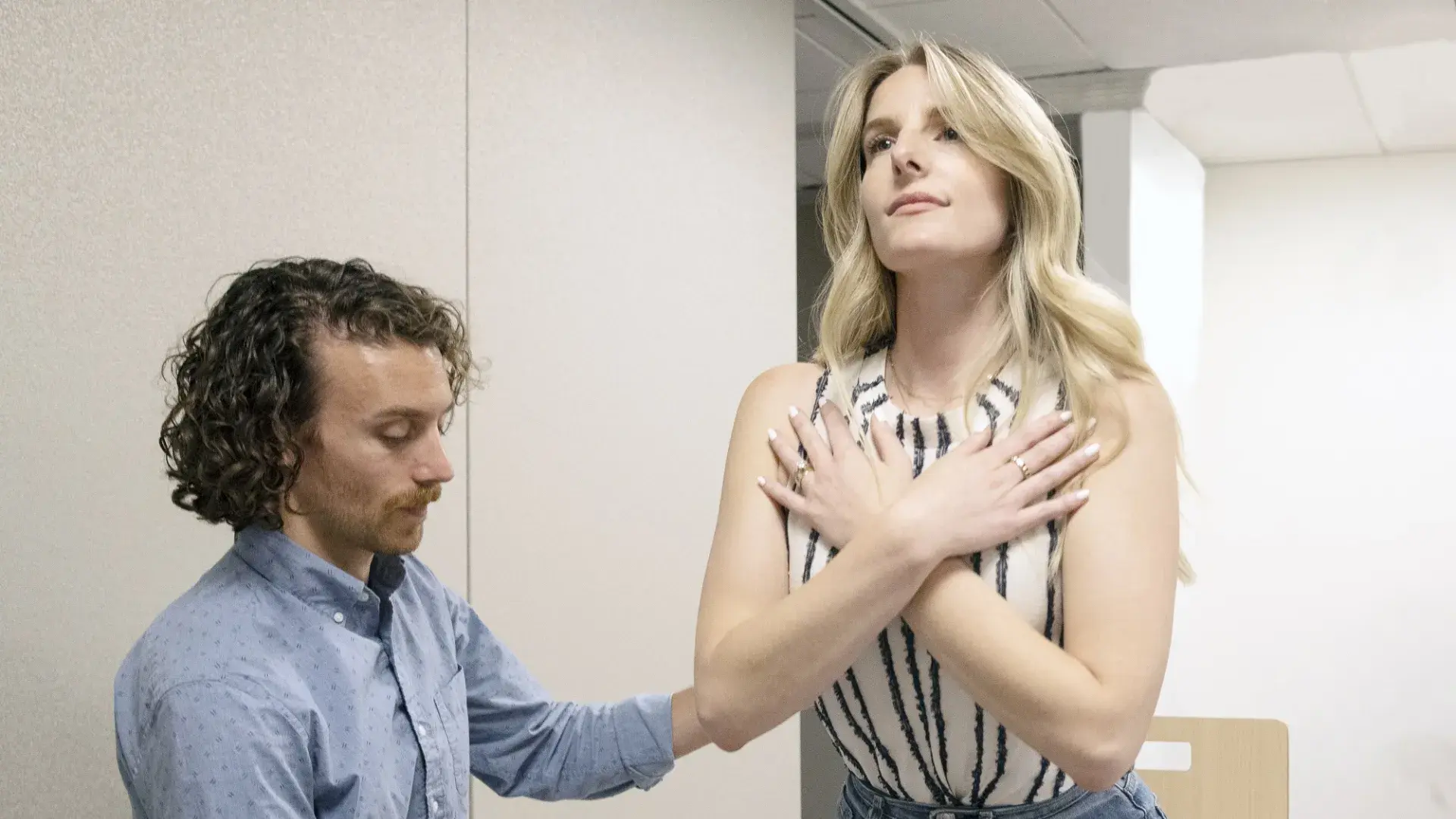 Using force plates mounted in the floor of the Biomotion Capture Lab at IHP, Dr. Wechsler performs a test of static standing balance.