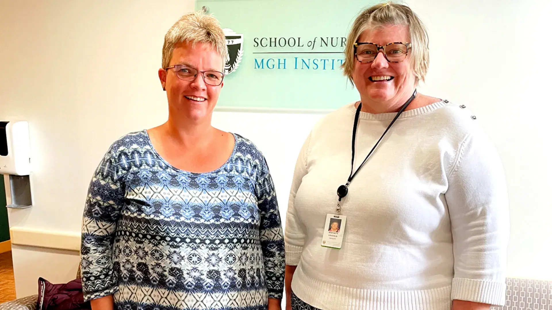 Photo of Writer Marian Hanso (left) traveled from Grenada to meet SON faculty member Mary Beth Coughlin.