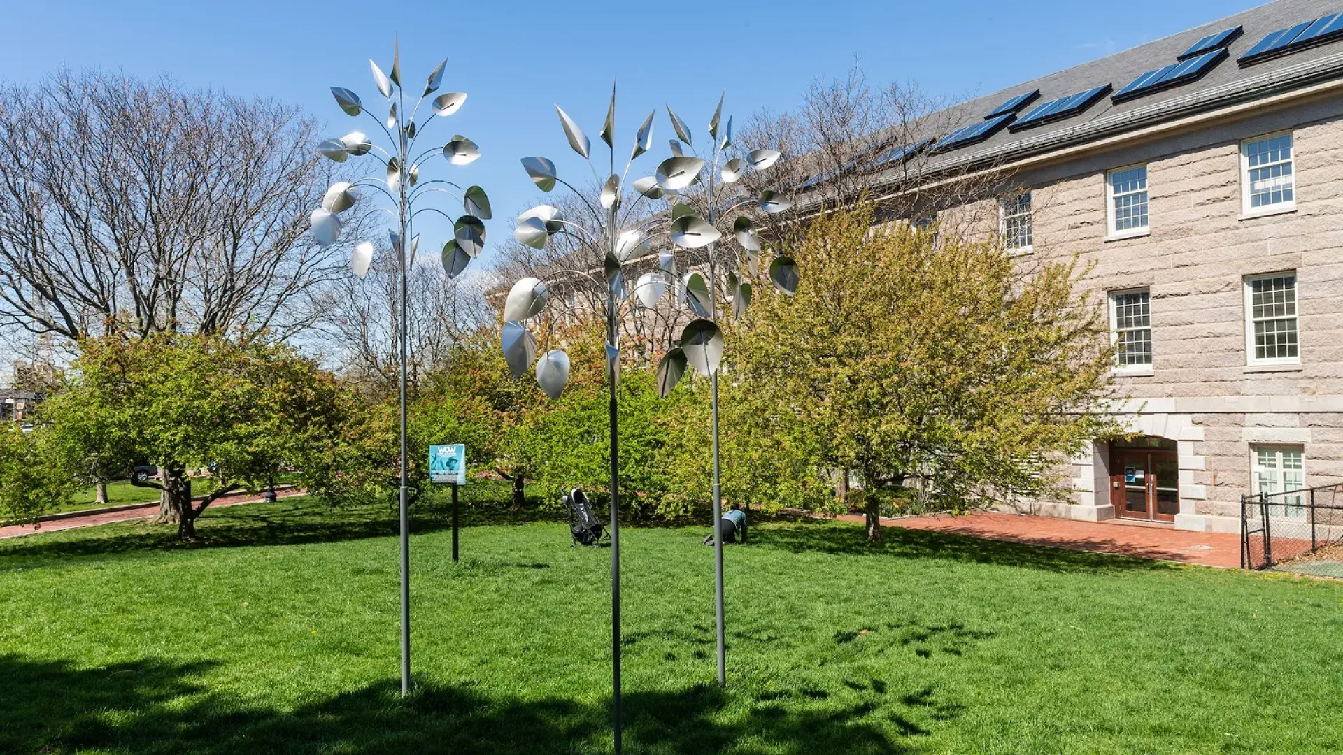 silver metal flowers on poles in green grass