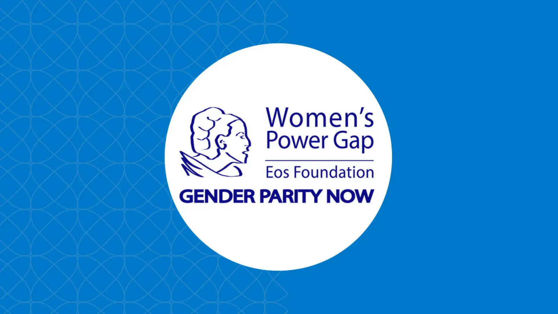 logo has illustration of a woman's head with women's power gap EOS foundation gender parity now