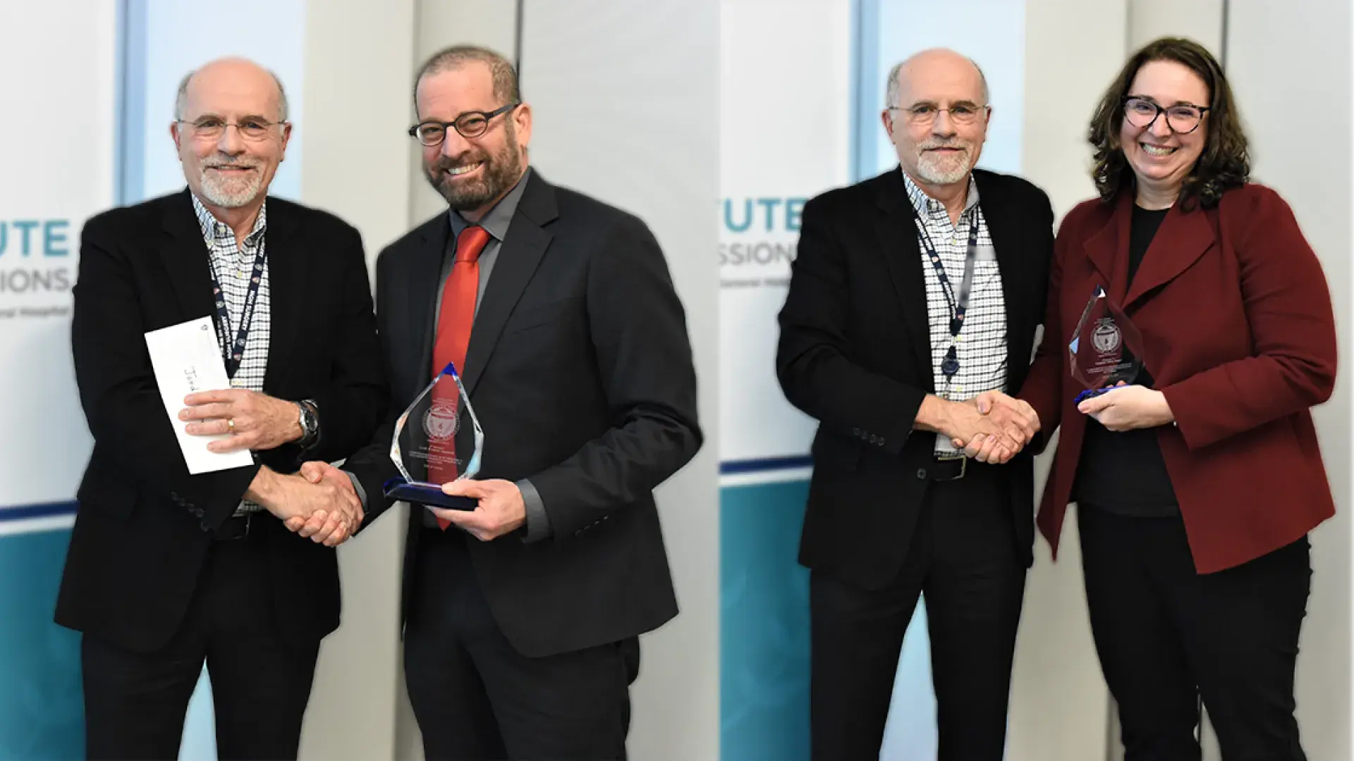 tiffany and jordan each shake hands with dr. hilllman while holding their glass raindrop shaped awards