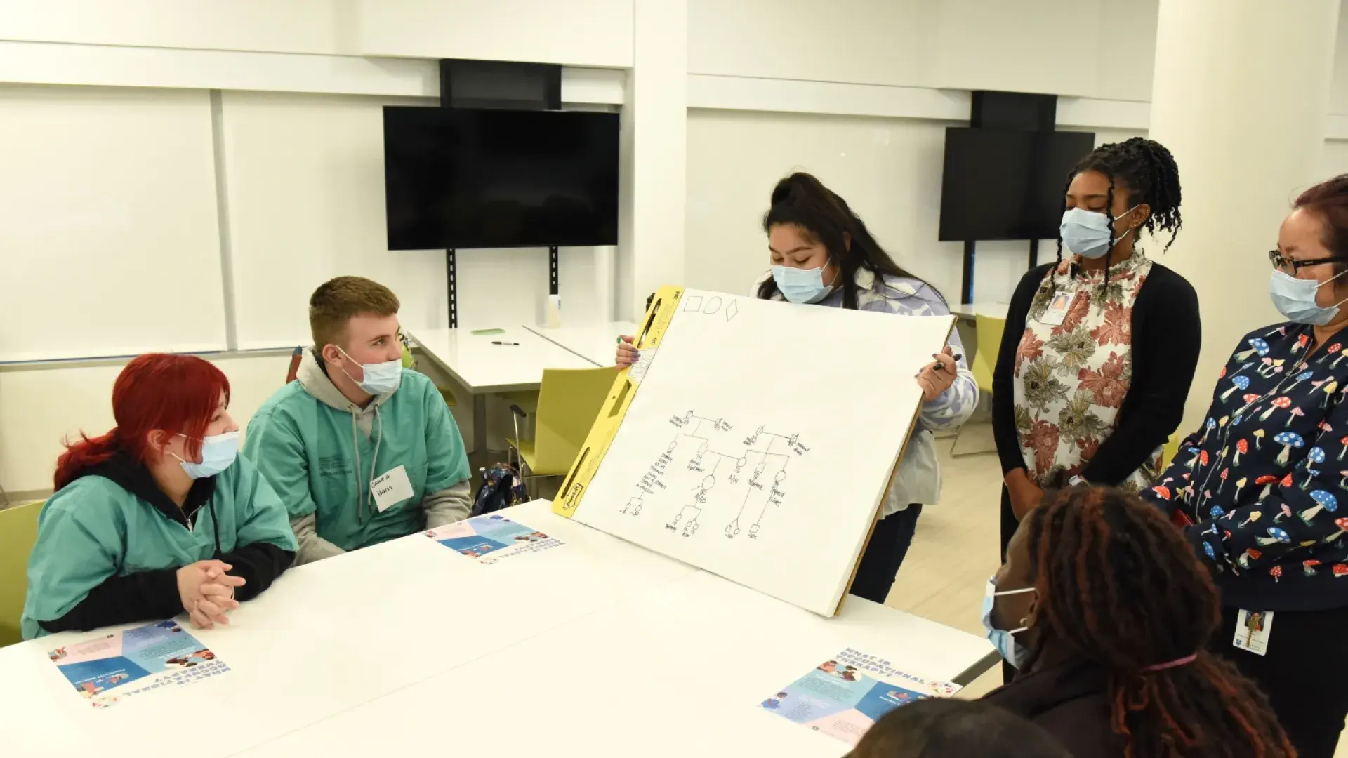 woman holds a poster with handwritten notes on it to students at a table
