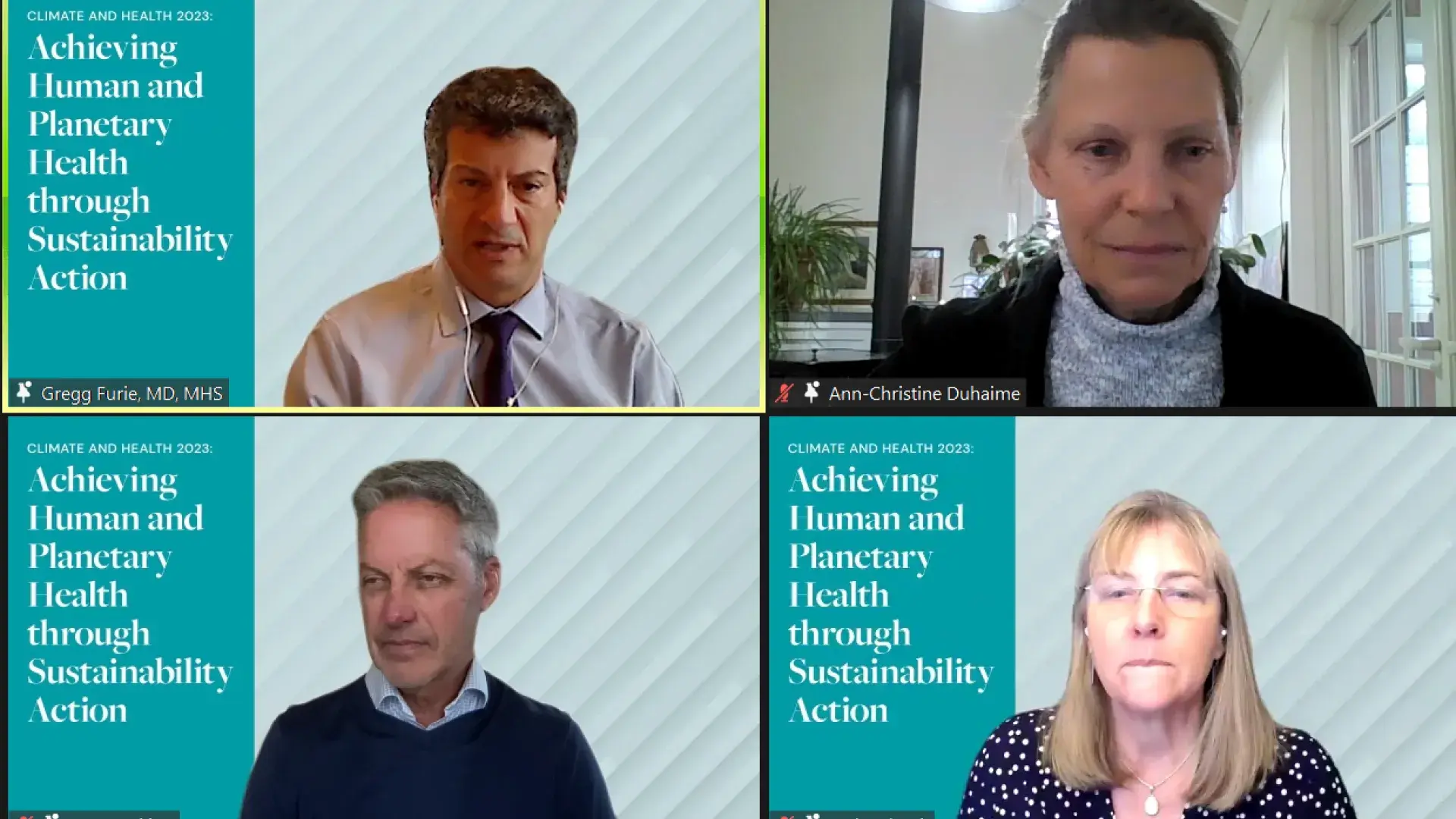 screenshot of a 4 way split screen with speakers greg, ann-christine, beth and bruce