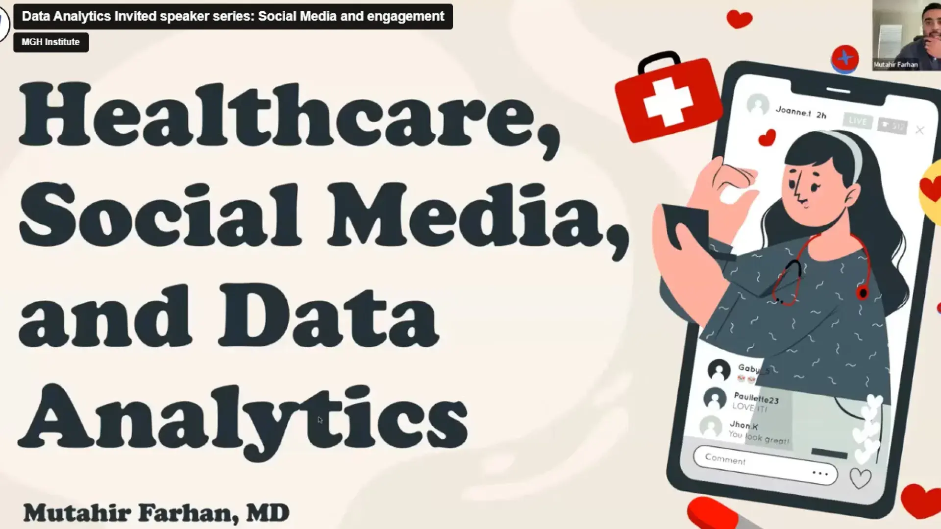 a slide says healthcare, social media, and data analytics with an illustration of a person wearing a stethoscope in a cell phone