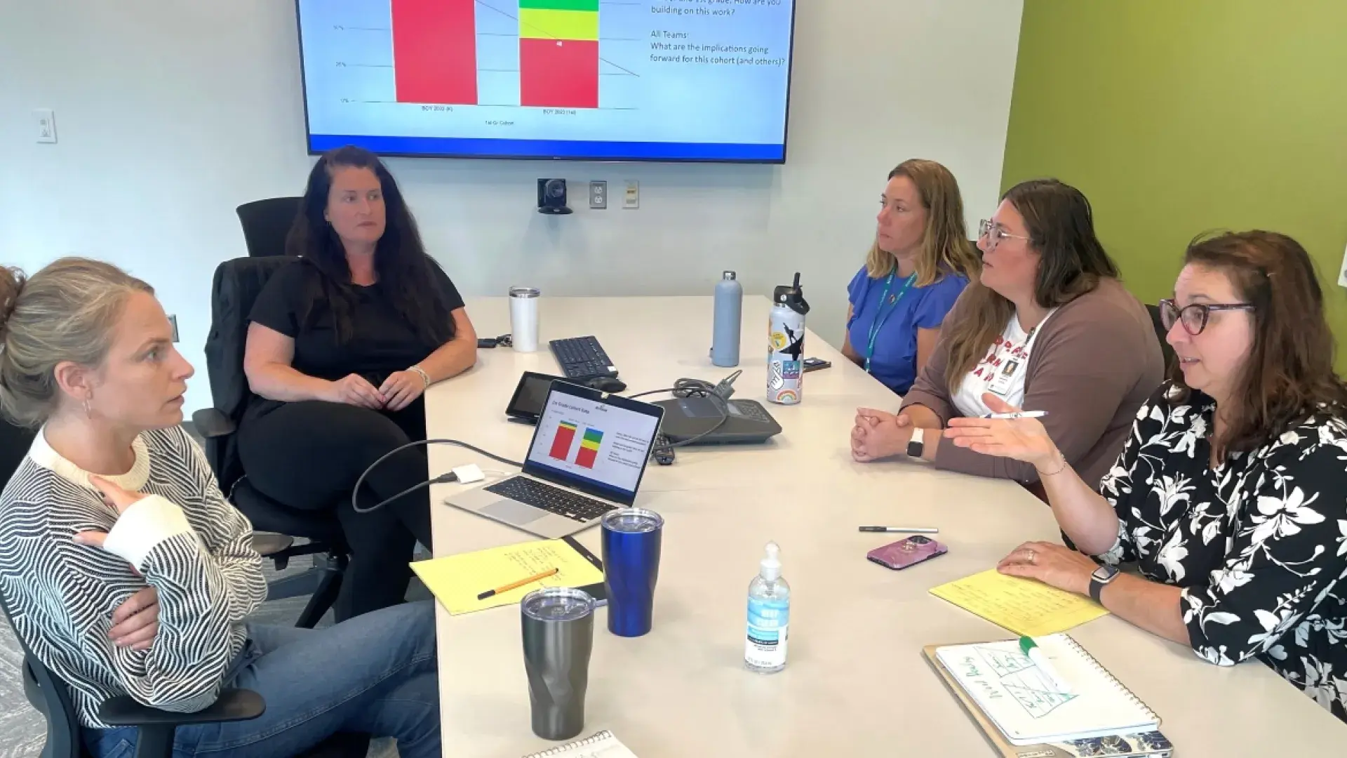 Five people talking around a table