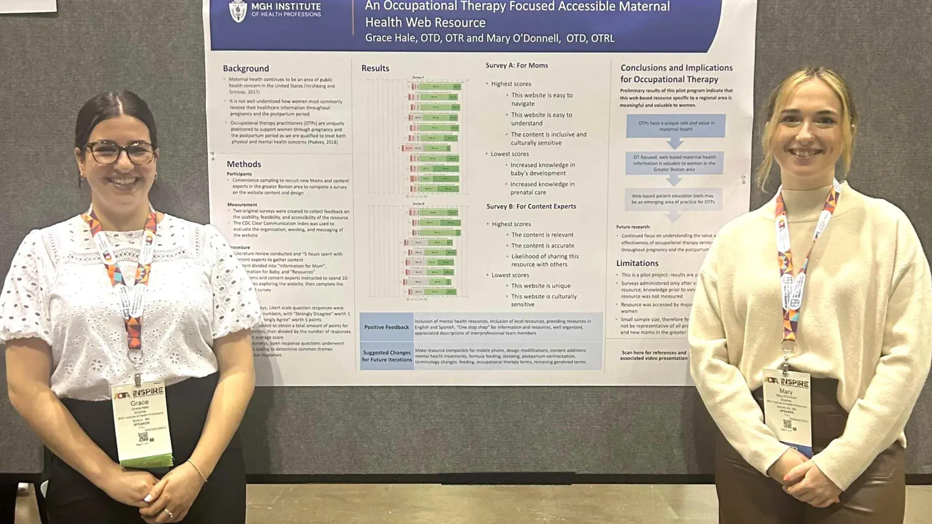 Two people flank a research poster they authored