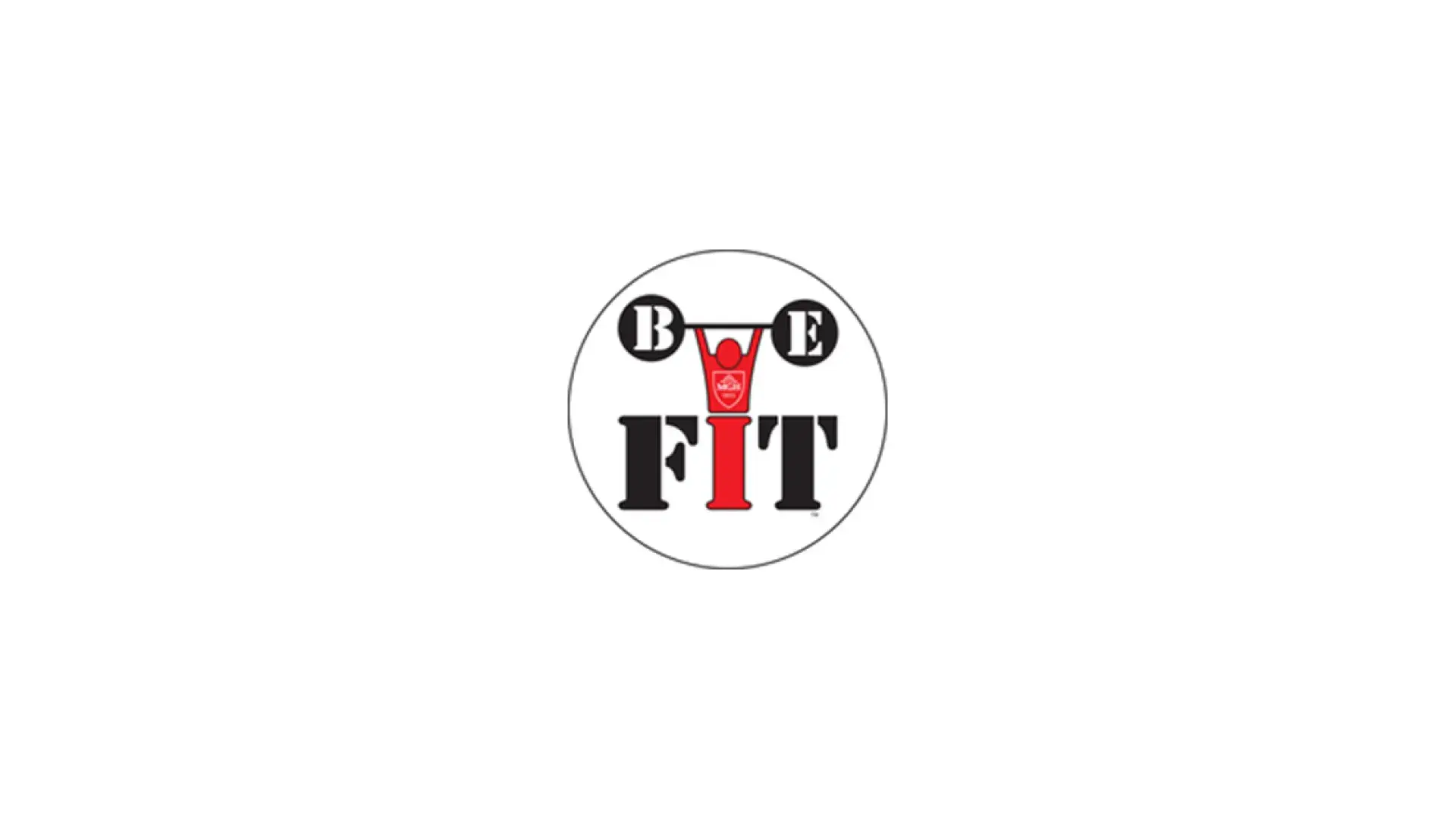 illustration of a human in red lifting barbells that say BE, while the person's body makes up the I in the word FIT