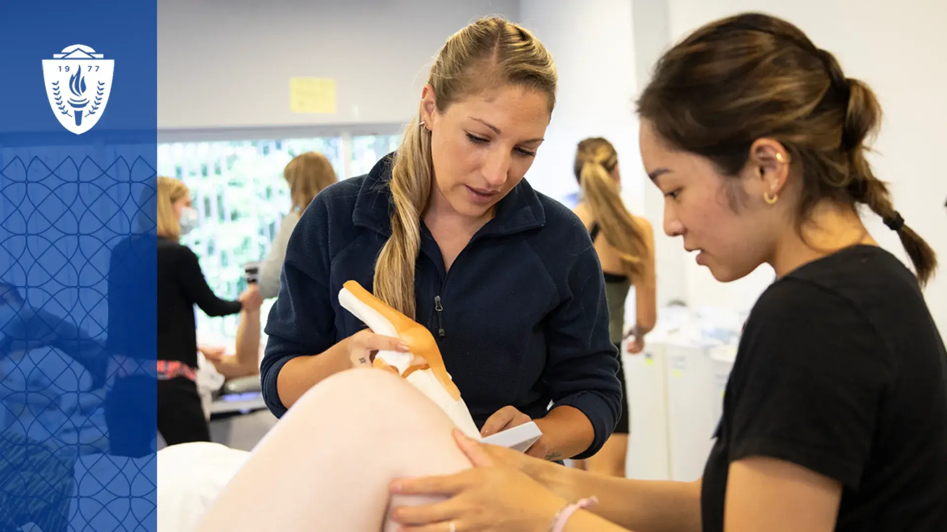 Two physical therapy students practicing hands-on techniques during a lab session, with a focus on joint manipulation.