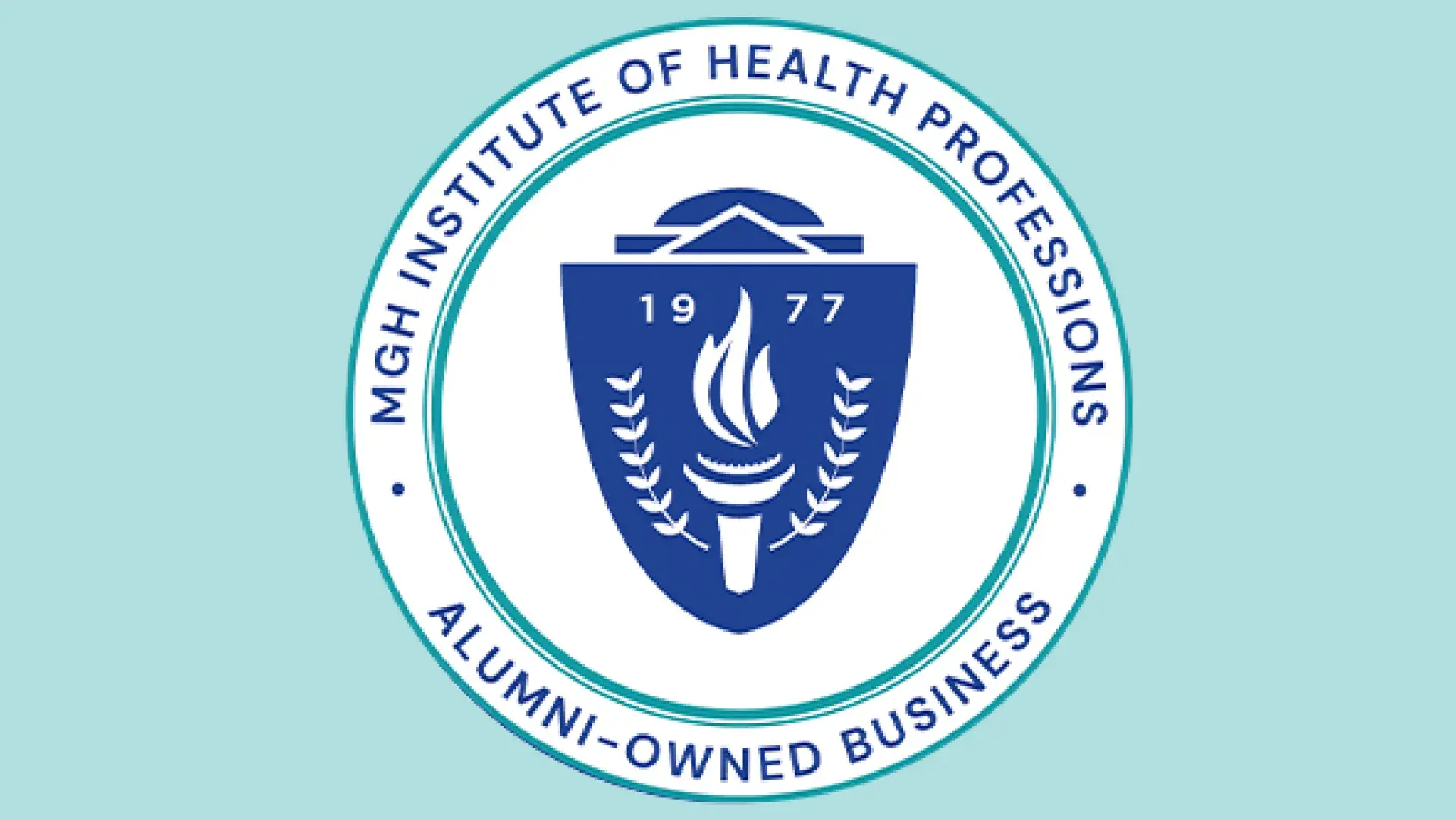 green and blue circle around a shield says MGH institute of health professions alumni owned business