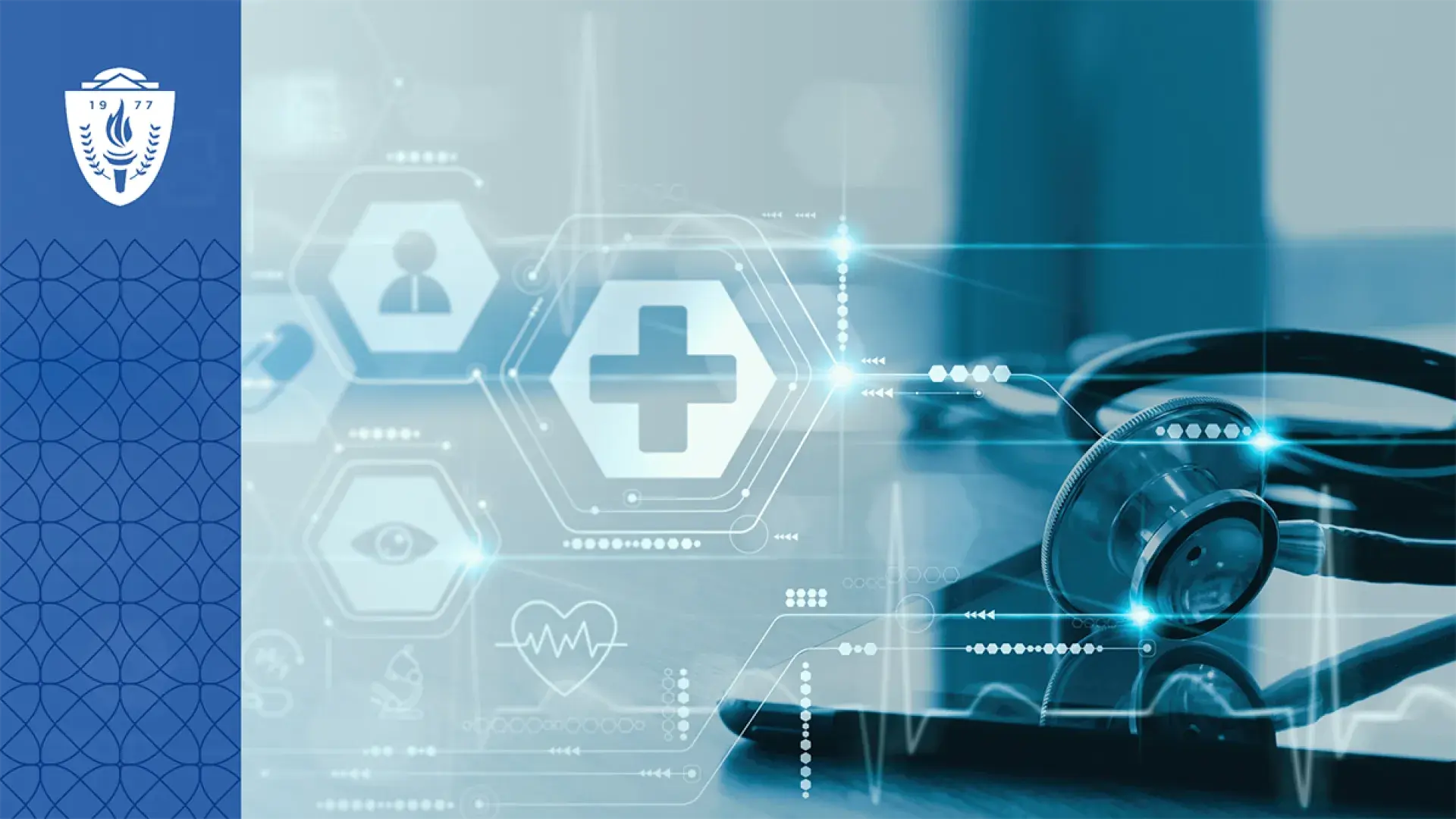 medical icons like a cross, pill, eye, and heart float next to a stethoscope on a table