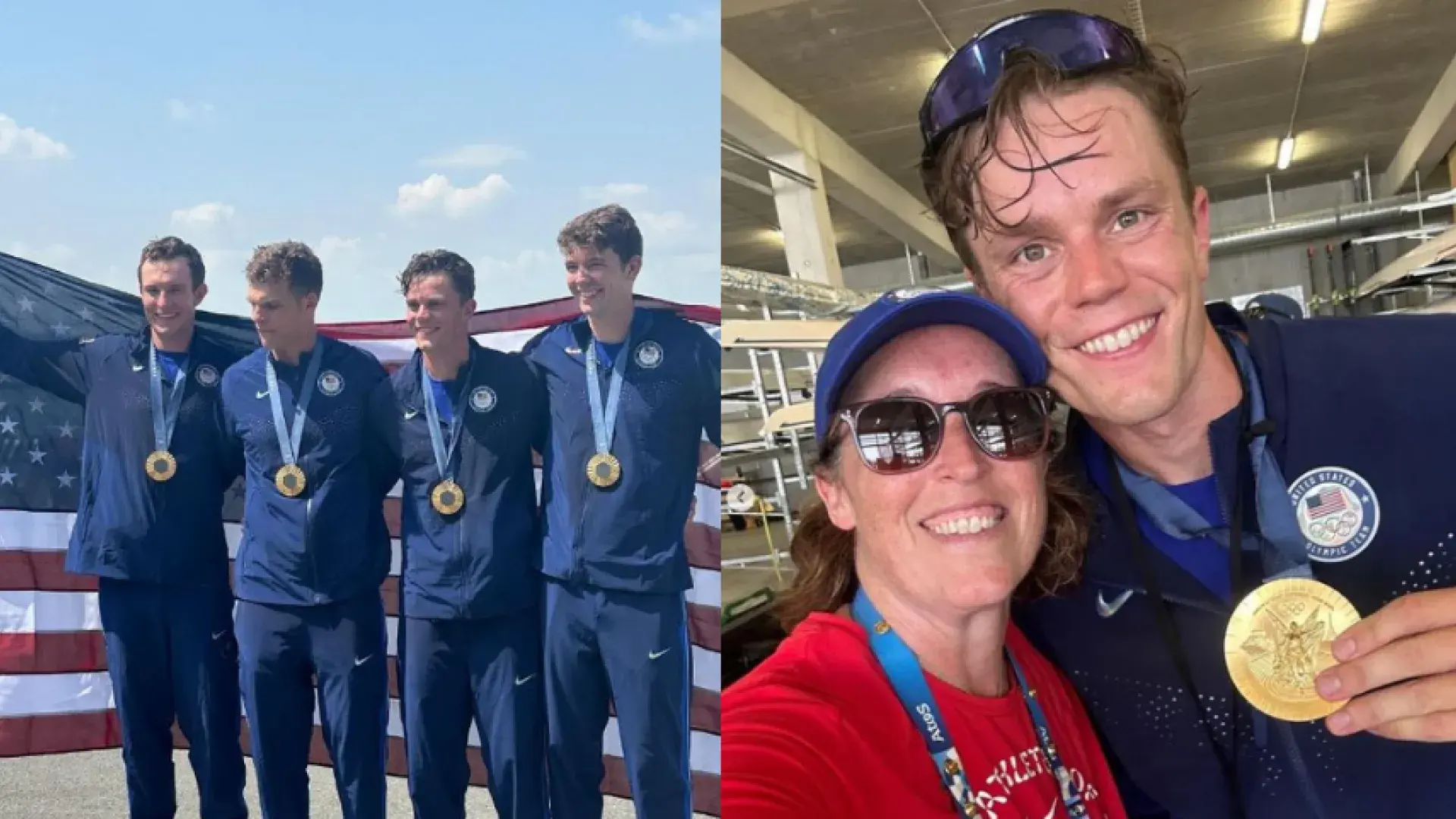 Four men stand wearing gold medals while holding an American flag behind them and a woman poses with a man showing his gold medal
