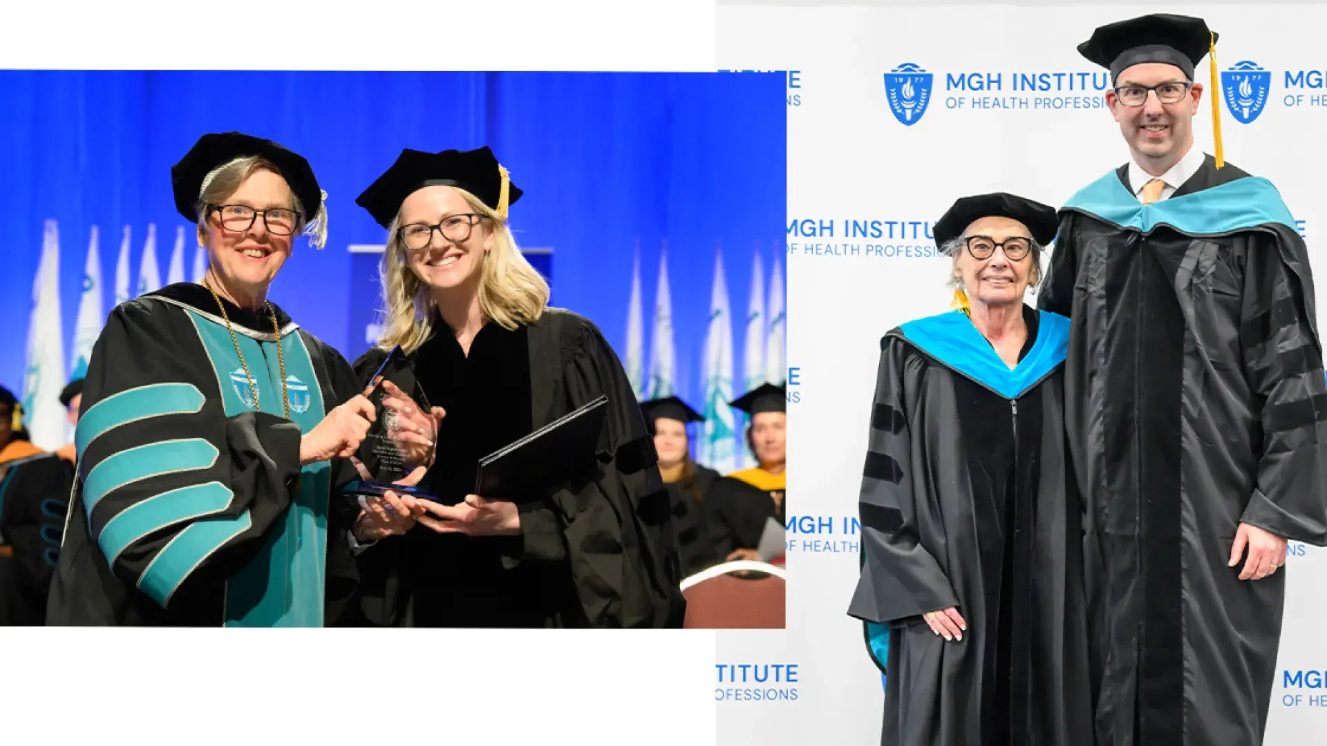 people stand in commencement attire - caps and gowns