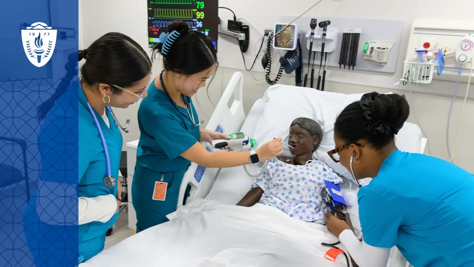 three women in scrubs attend to a manikin boy in a hospital bed