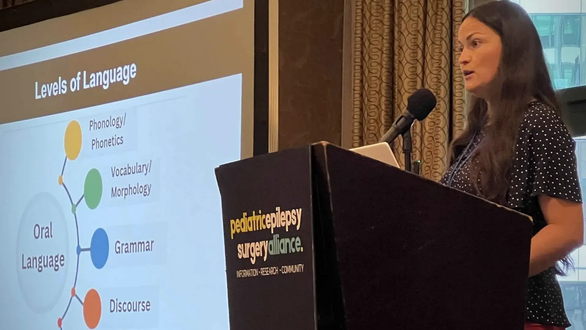 A woman stands at a podium with a screen to her right that says Levels of Language