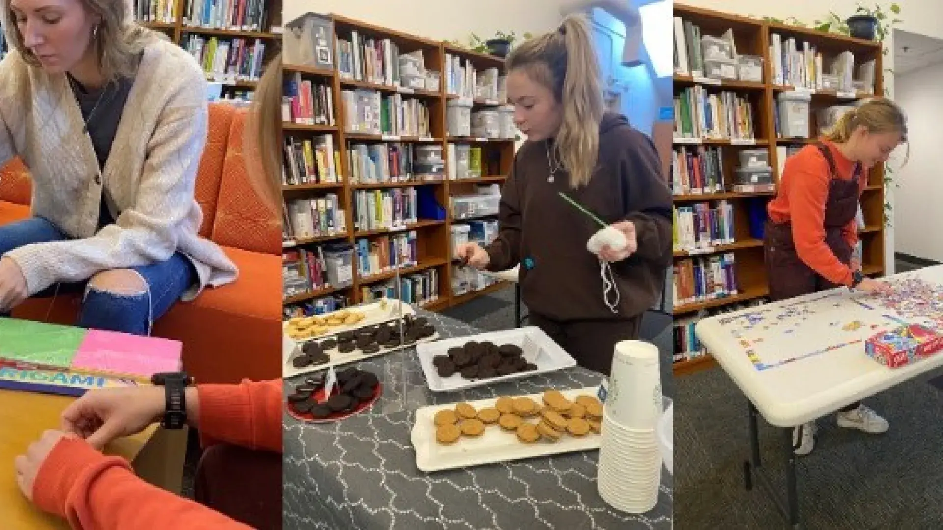 Students doing crafts and eating cookies