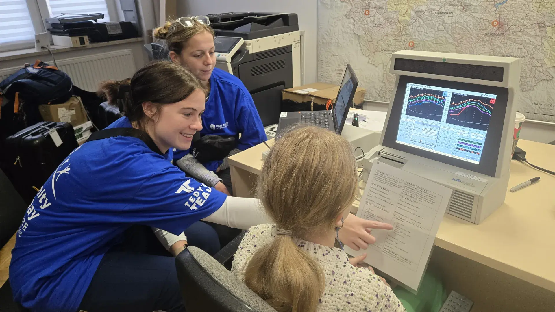 Two studnts checking loudness of sound when hearings aids are in 