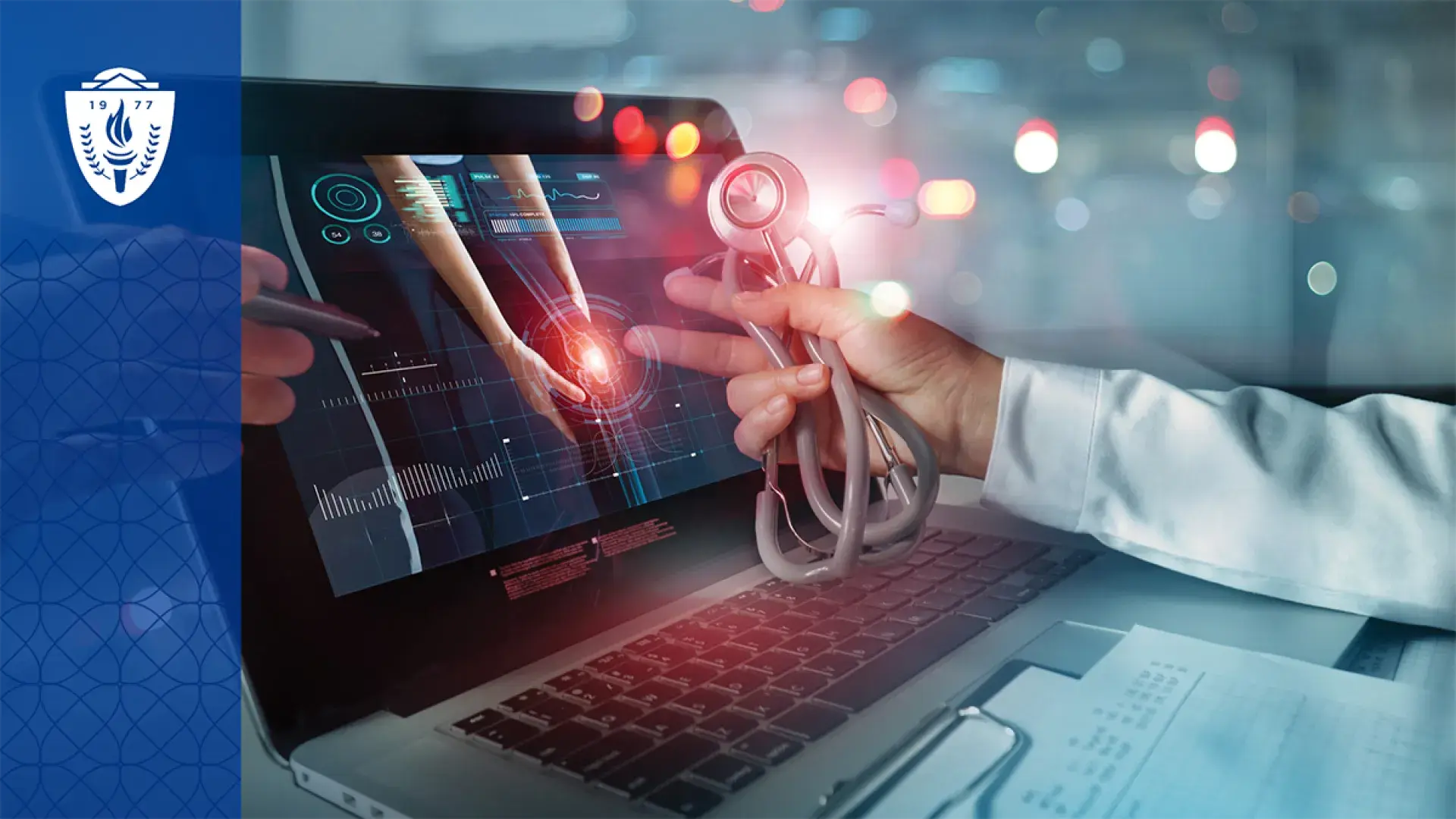 abstract lights indicating data swirl around a laptop and stethoscope