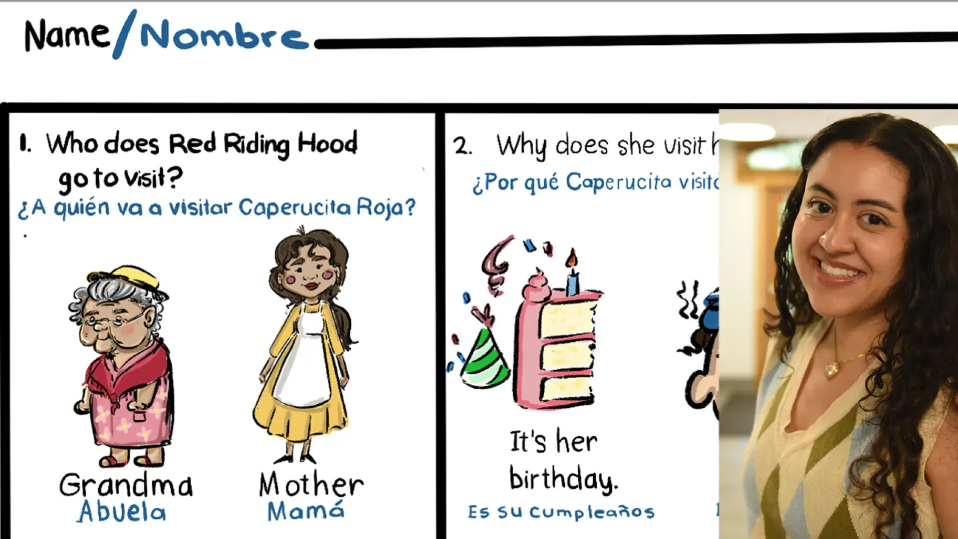 The photo of a woman appears over some drawings 