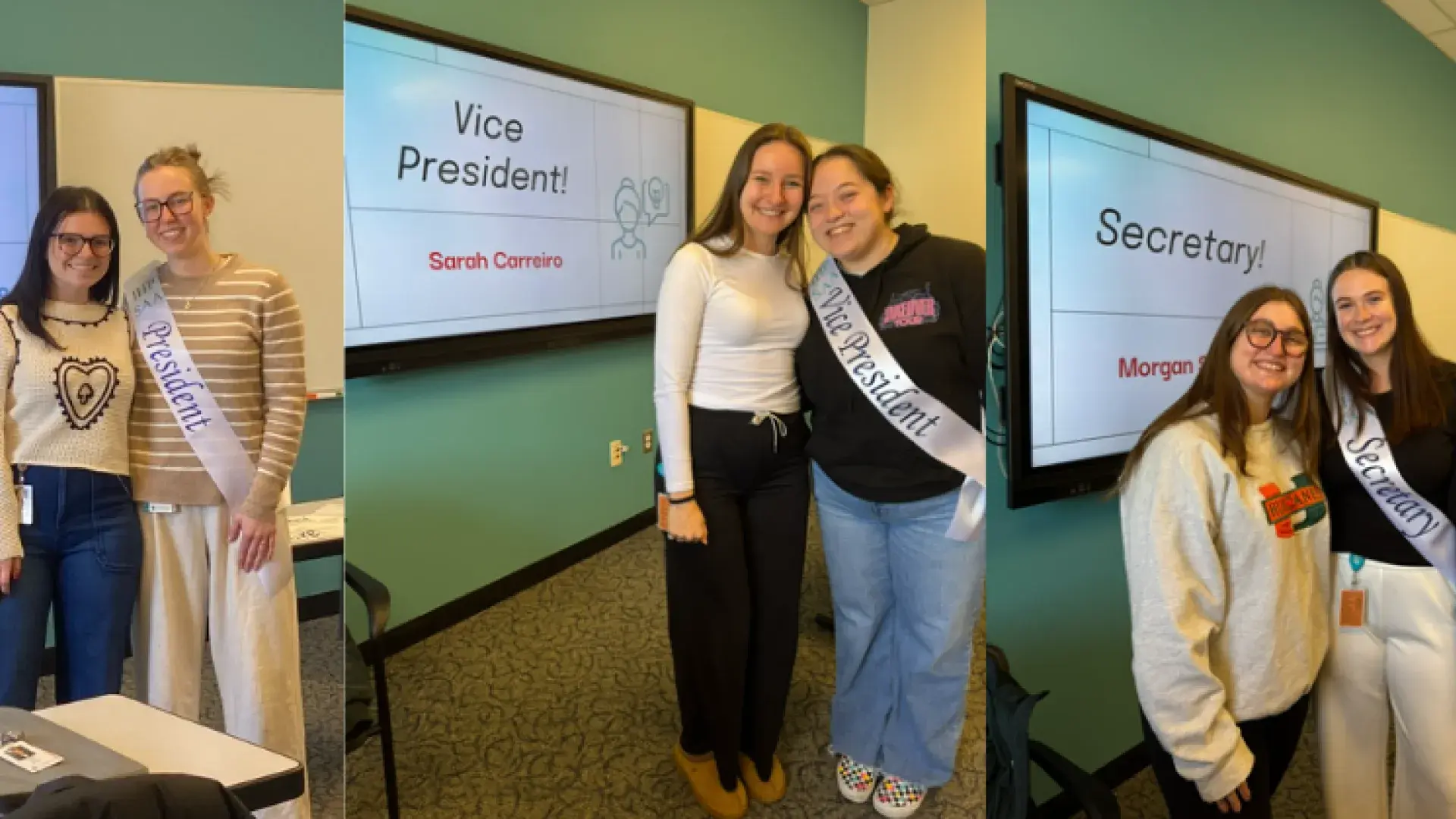 3 women with sashes in front screens