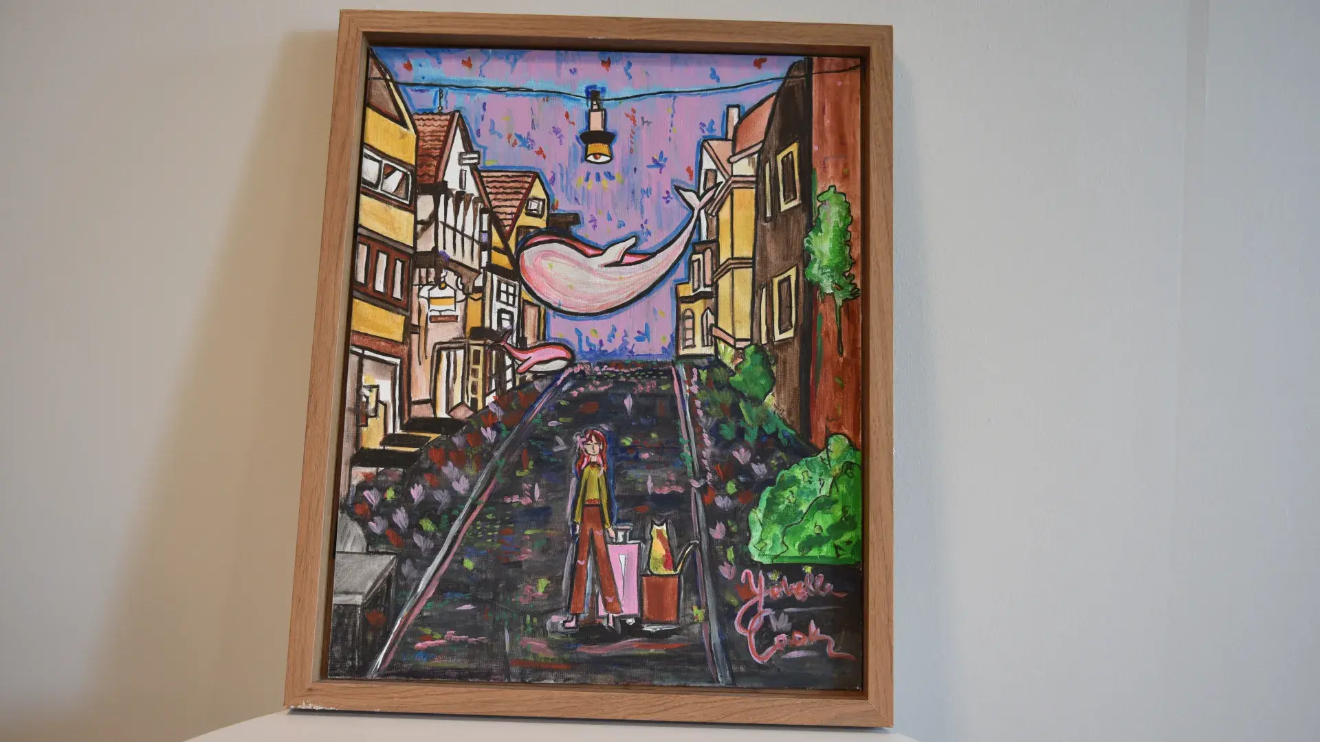 A painting of a city street with whales over it