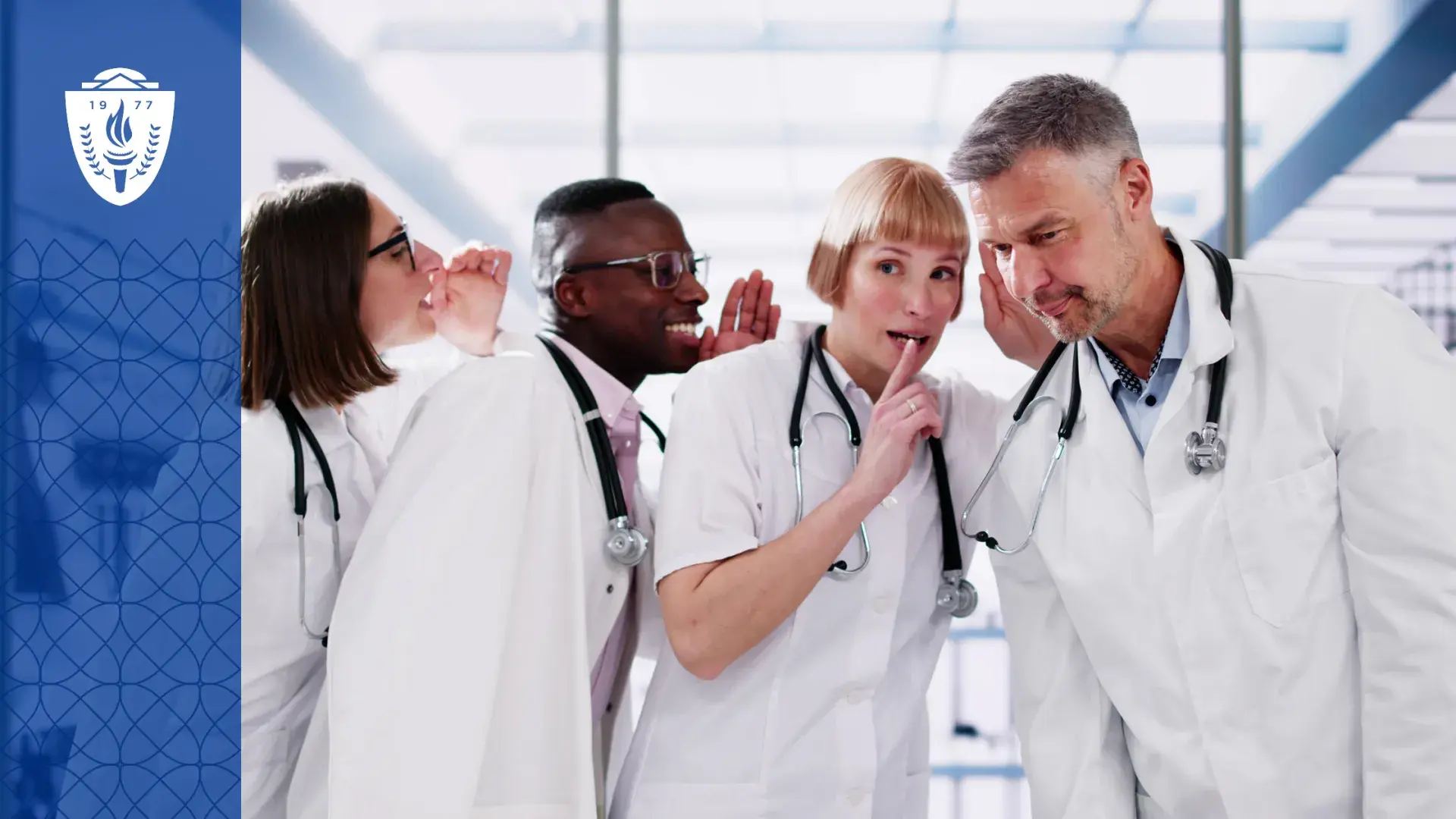 people in white lab coats whisper to each other