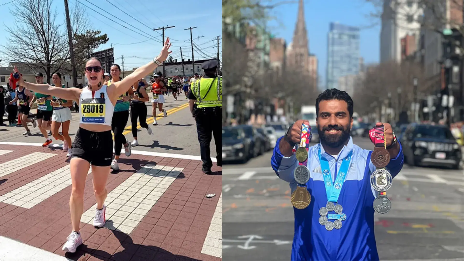 Two photos together one of a woman crossing a running race finish line and the other of a man holding multiple medals