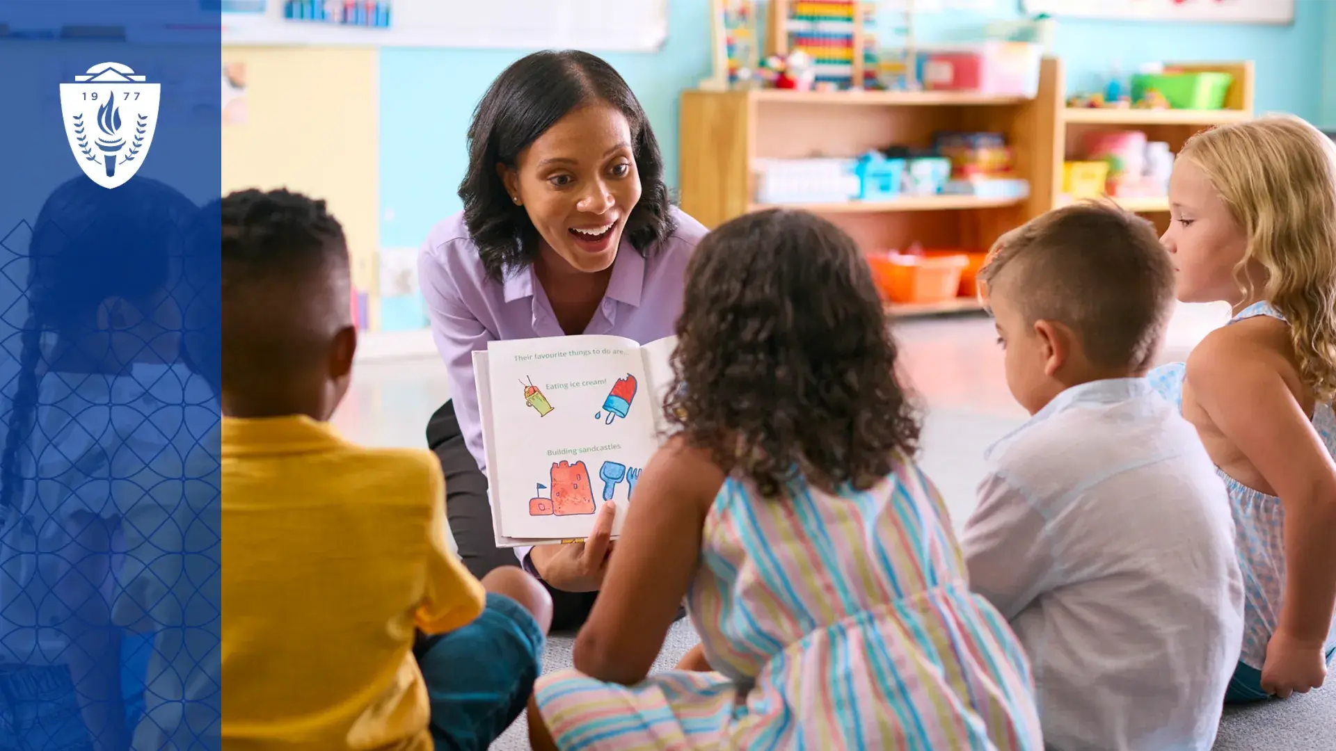 Teacher showing book to students