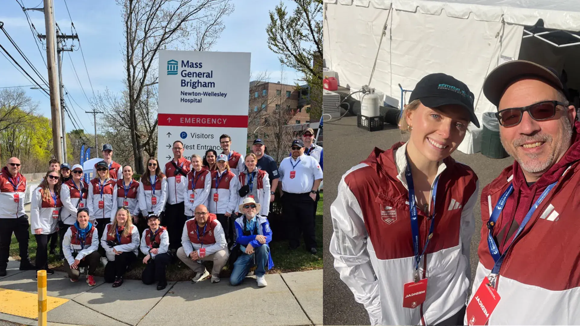 In the left photo, a group of people pose in front of a sign for Newton Wellesley Hospital and in the right, two of those people pose together in front of a tent