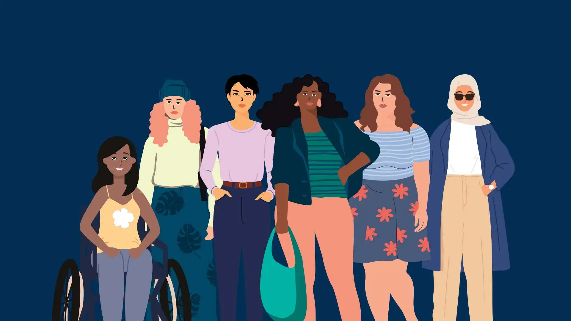 an illustration of a multi-race group, one in a wheelchair, standing together