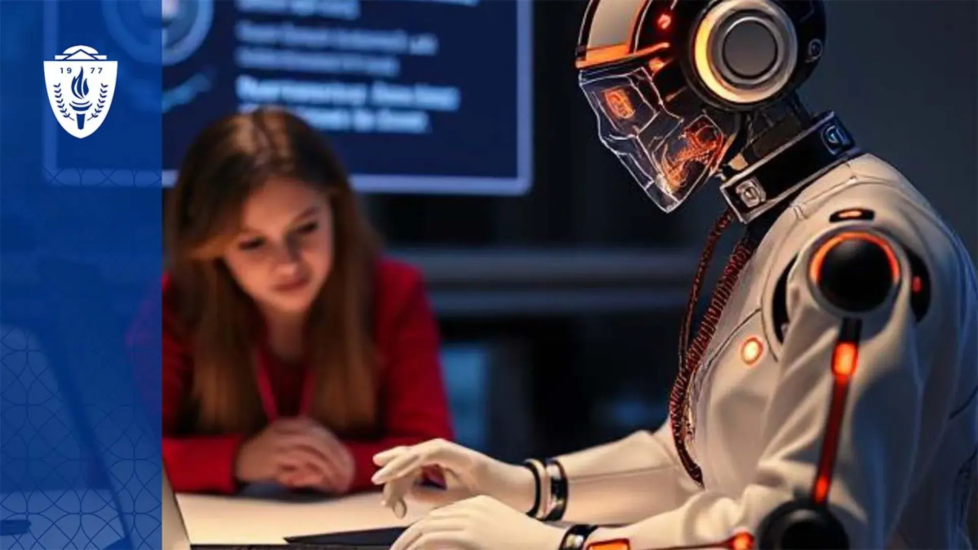 Robot at a disk with it's hand on the table. Woman with brown hair sitting in the background.