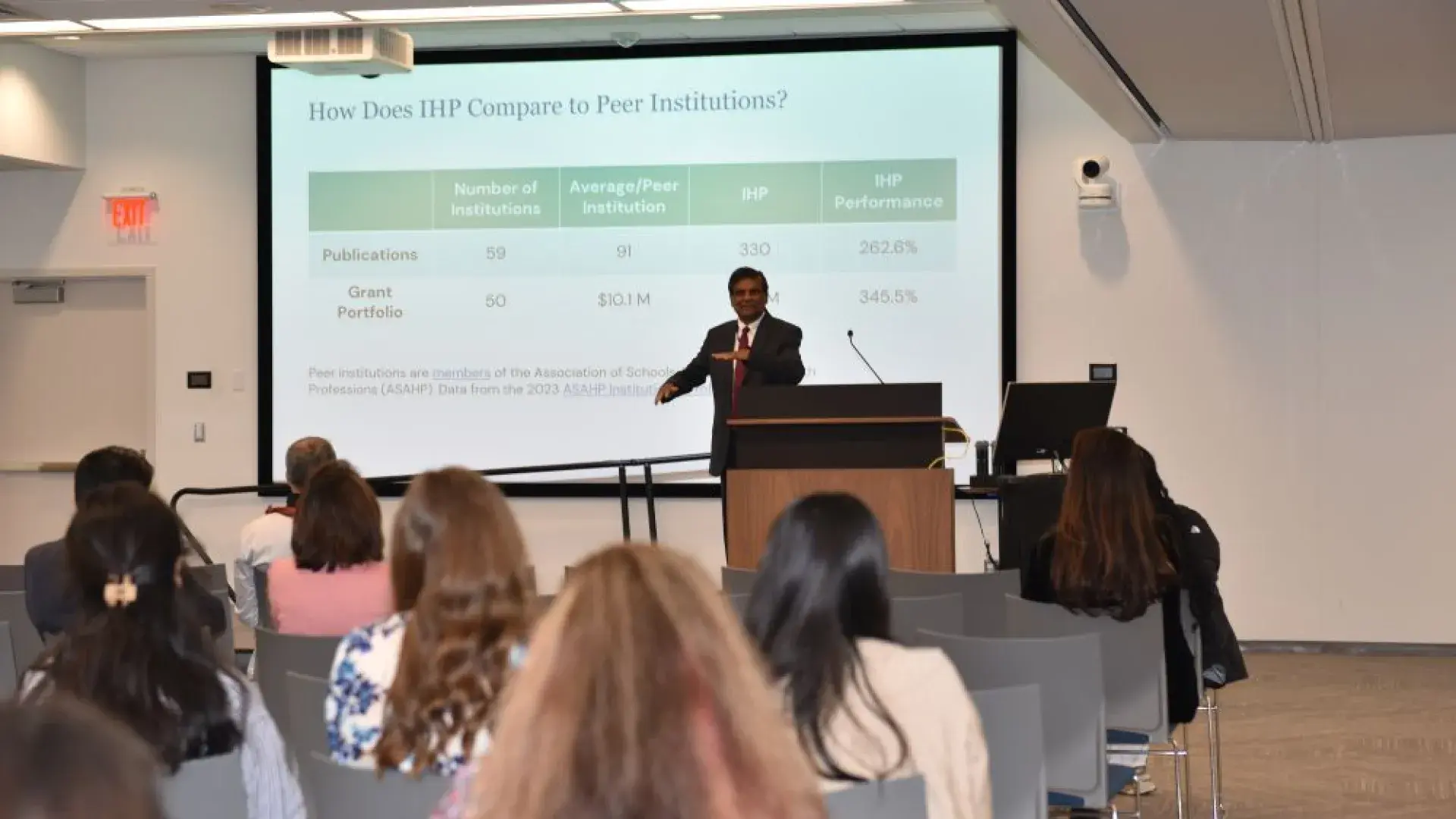 A man stands at a podium with a screen behind him that says "How does IHP Compare to Peer Institutions