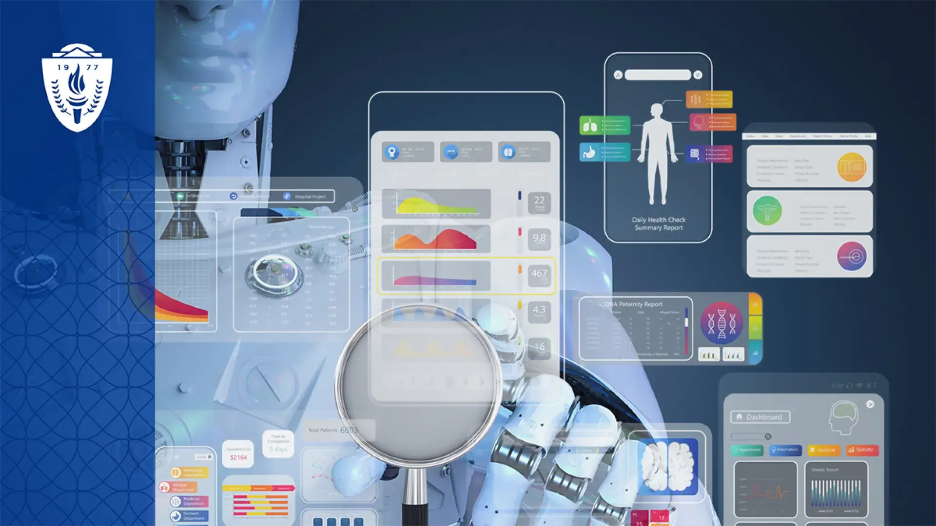 Infographics of various sizes with a humanoid robot in background