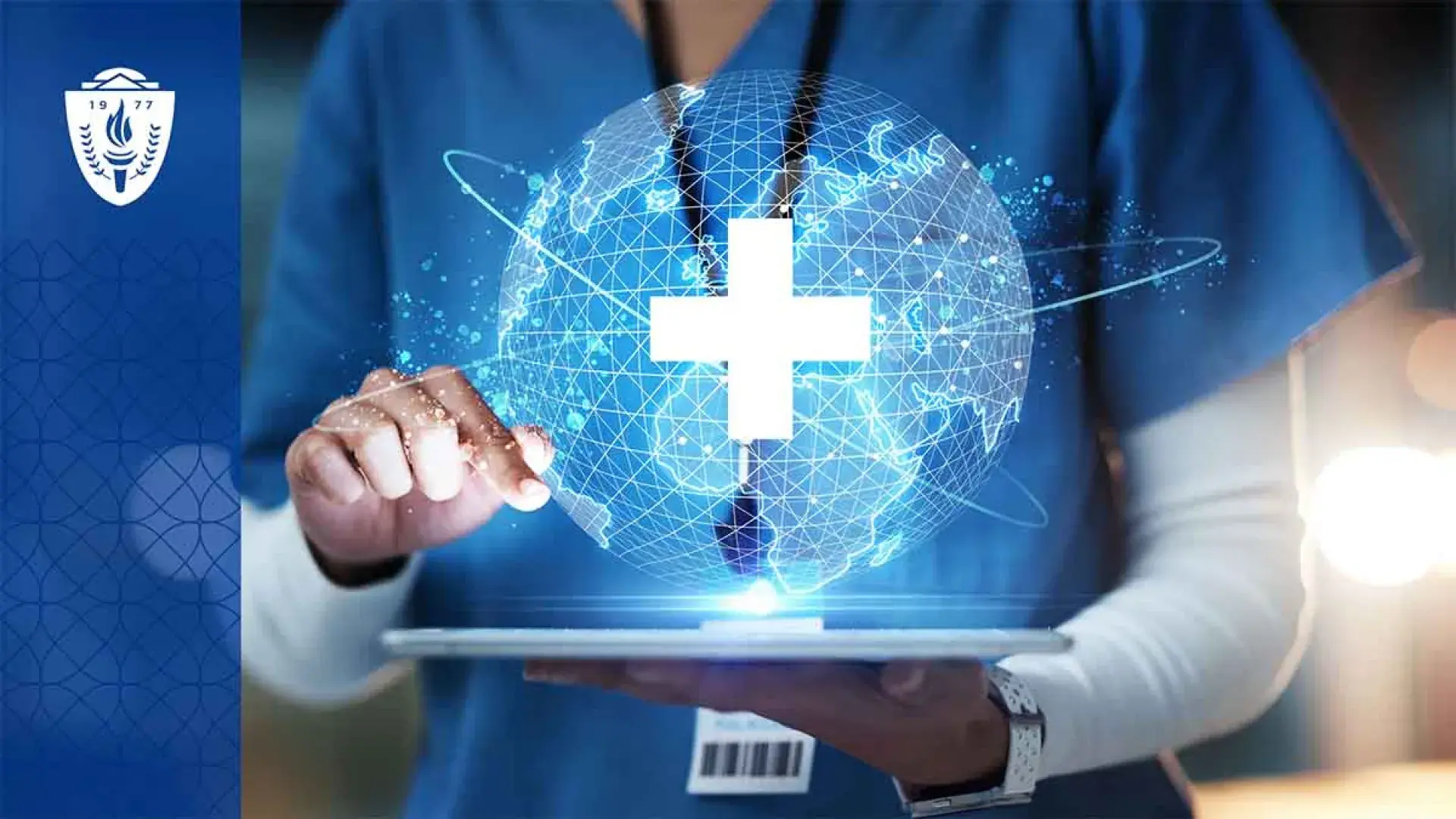 person in scrubs uses an ipad, above which hovers a digital globe