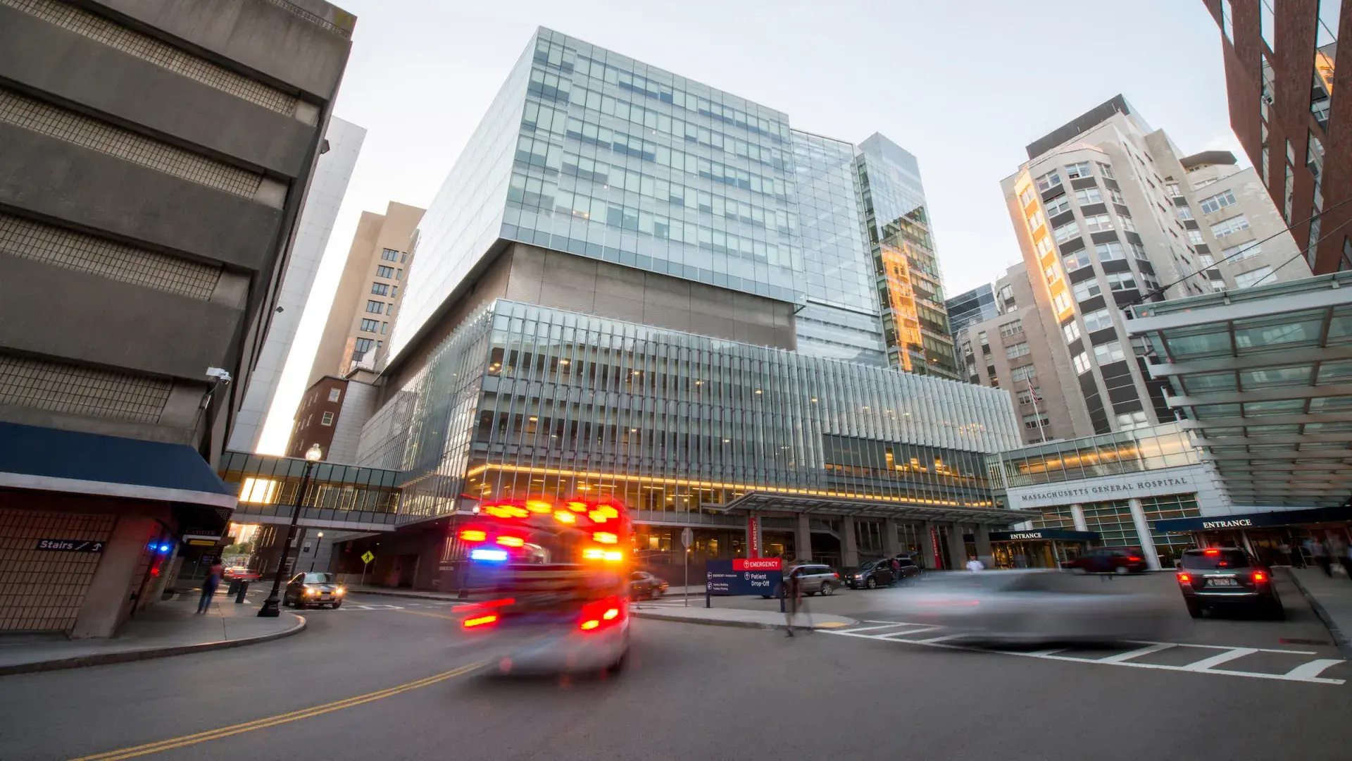 ambulance pulling into a hospital building