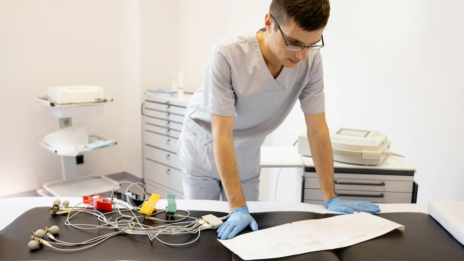 man in scrubs leans over medical exam table to look at a paper and some wires