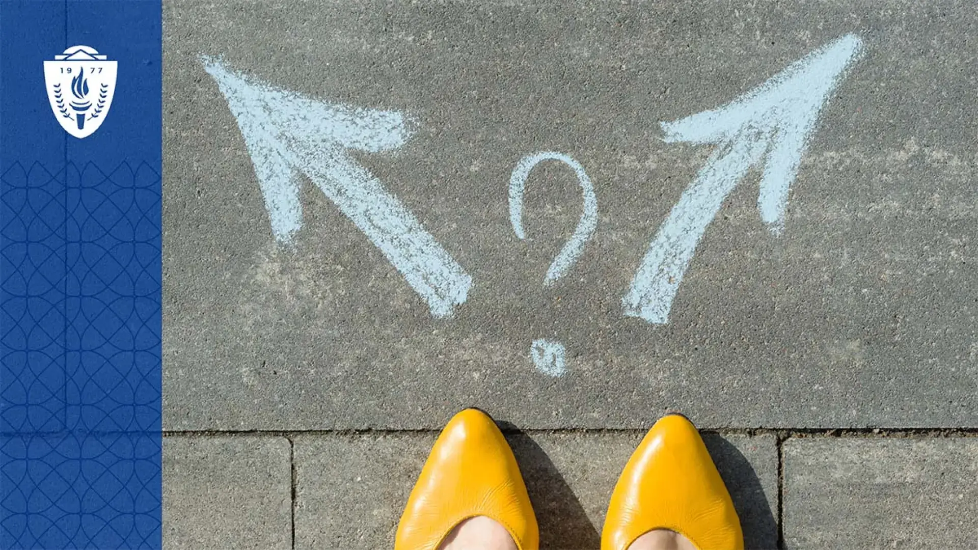 Two arrows painted in chalk on a sidewalk. One pointing left and one pointing right with a question mark in between.