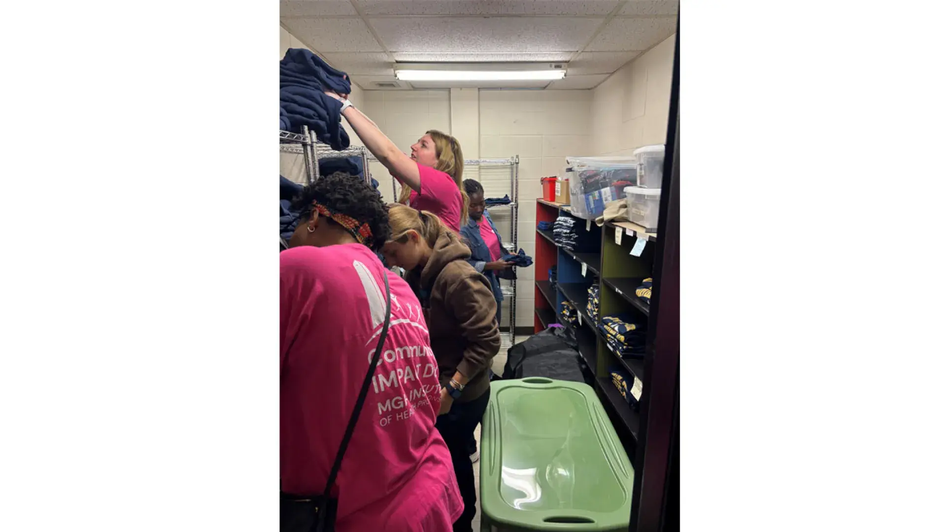 People put items on shelves and bins