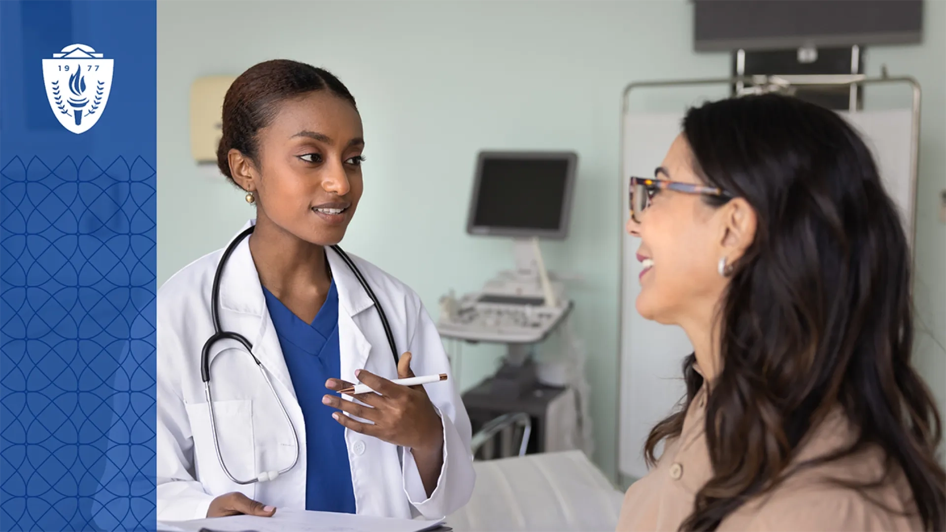 Doctor wearing a white coat and stethoscope talking to woman